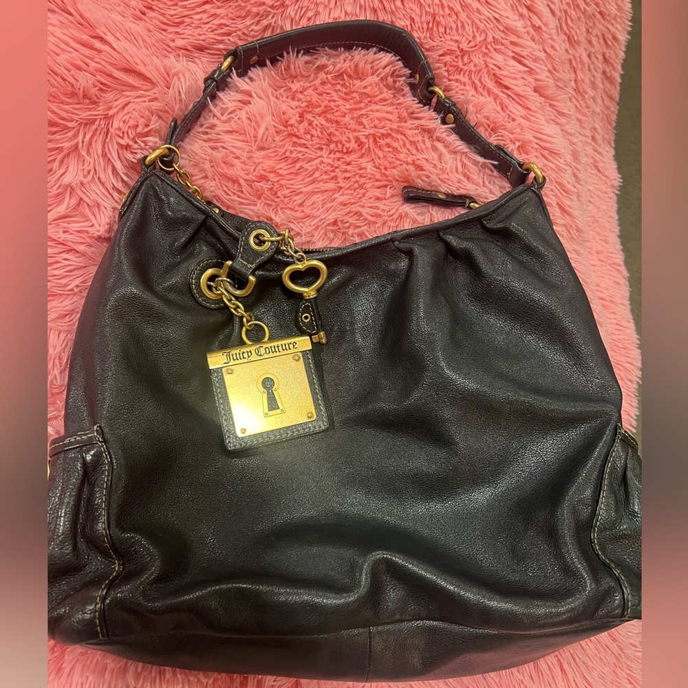 Vintage Y2K Juicy Couture Black Leather Shoulder Bag with Gold Accents